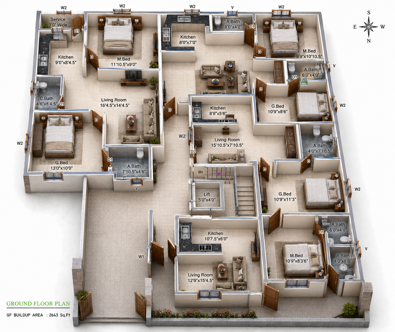 2 BHK Floor Plan 3D